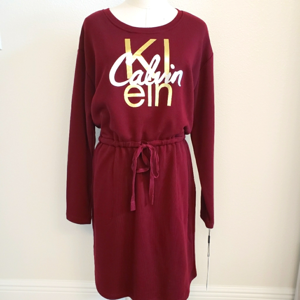 CALVIN KLEIN Long Sleeve Maroon Sweatshirt Dress with Pockets--NWT--XL